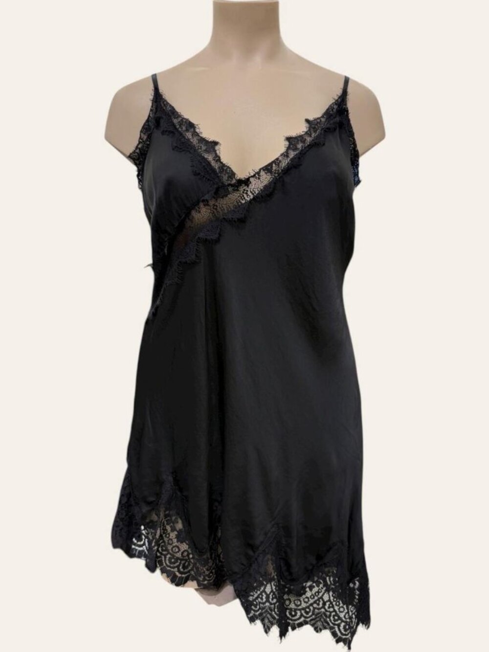 Made in Italy Flowing Satin Top with Elegant Lace Detail Plus Size in Black
